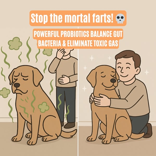 A split-screen illustration contrasting a dog suffering from gas and a relieved owner with a happy, healthy dog after using probiotics.